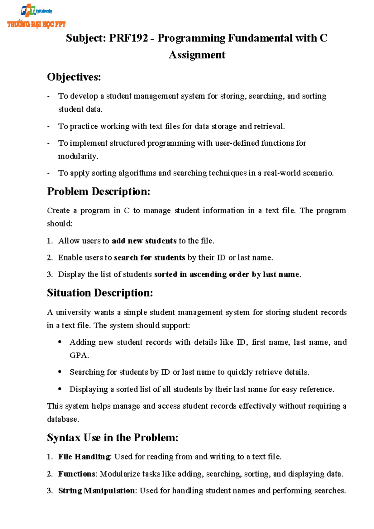 PRF192 - Assignment: Student Management System in C Programming - Studocu