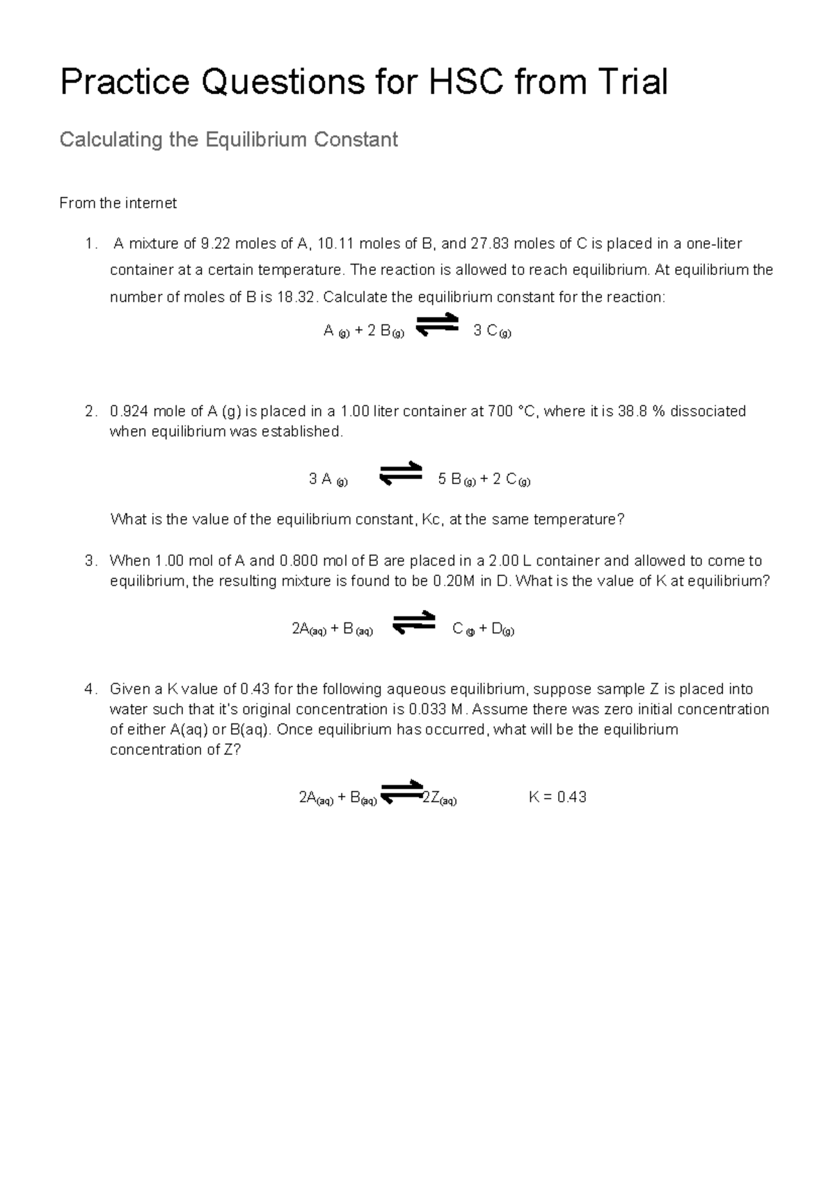 Chemistry Practice Questions for HSC: Equilibrium Constant Calculations ...