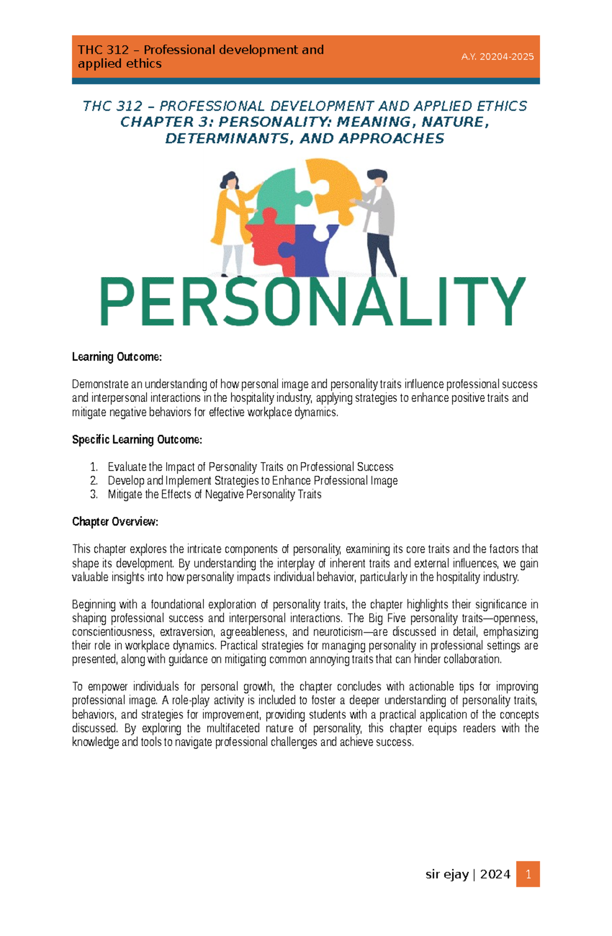 Chapter 3: Understanding Personality in THC 312 - Professional ...