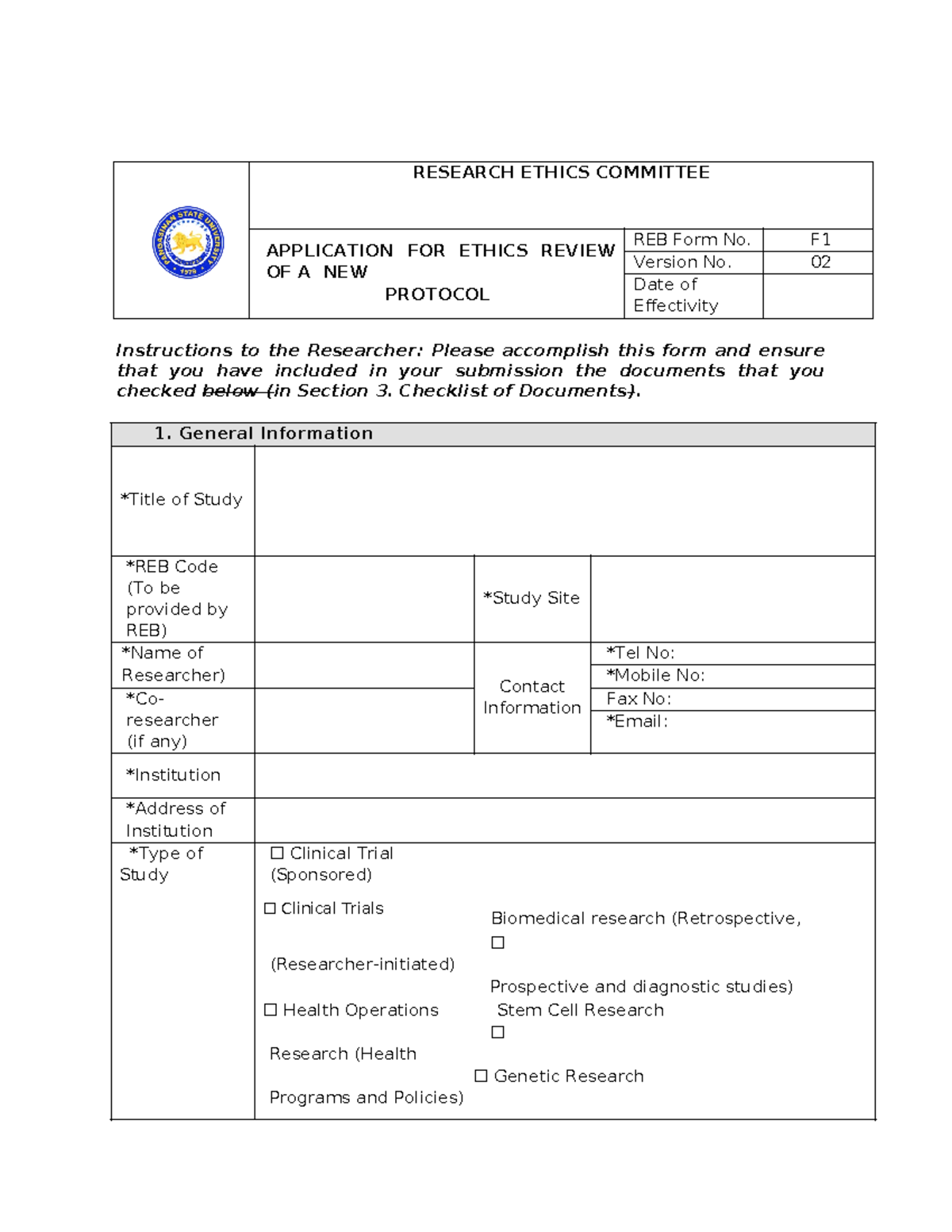 Application FOR Ethics Review OF A NEW Protocol - RESEARCH ETHICS ...