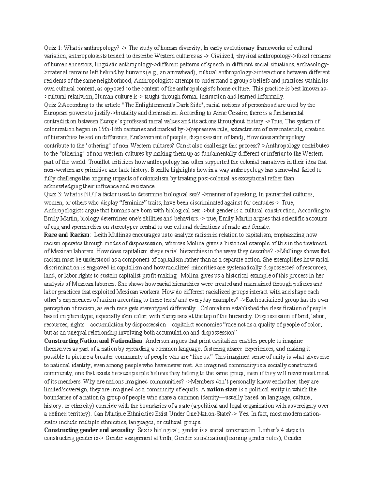 Quiz 1-3: Key Concepts in Anthropology - ANTH Cheat Sheet - Studocu