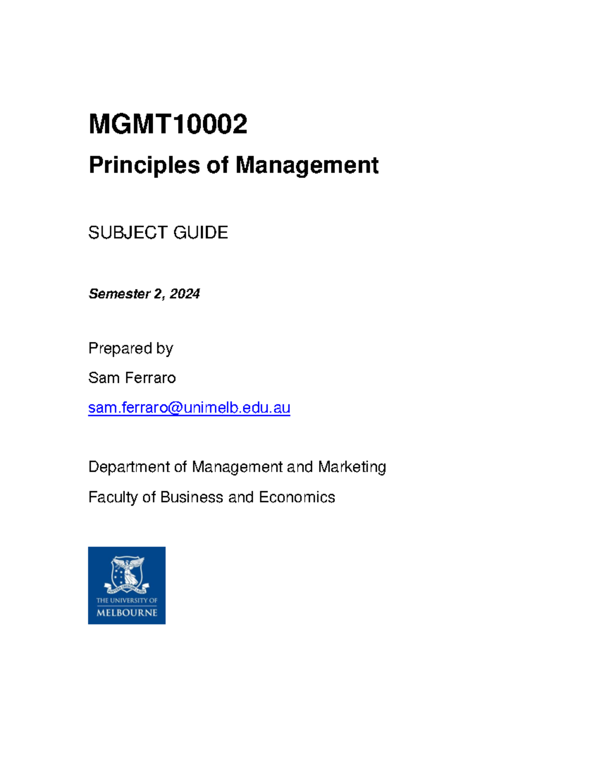 MGMT10002 Principles of Management Subject Guide for Semester 2 2024 ...