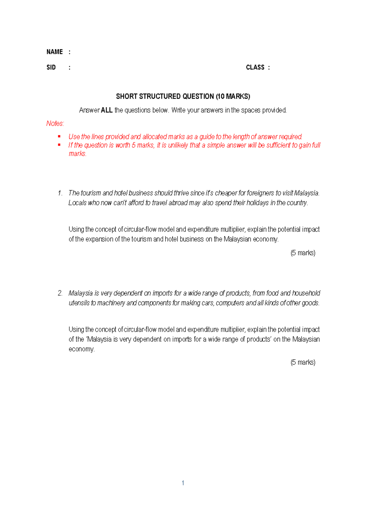 Tutorial 6 - Short Structured Questions on Malaysian Economy Concepts ...