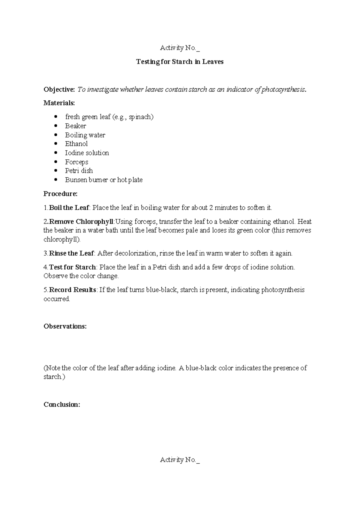 Lab Activity - Testing for Starch in Leaves (Biology 101) - Studocu