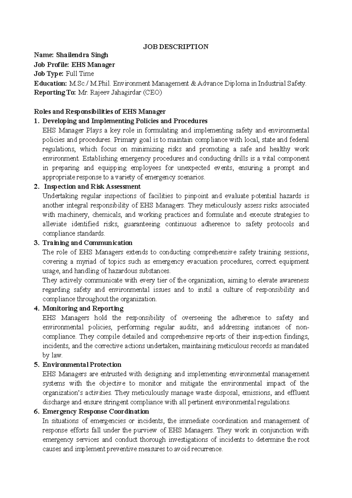JD EHS Manager - Roles, Responsibilities, and Compliance Standards ...