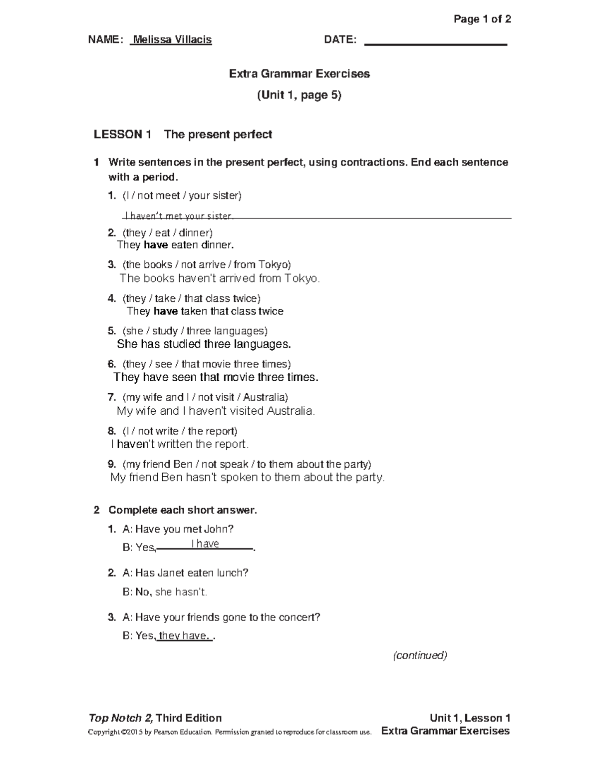 Unit 01 Extra Grammar Exercises - NAME: Melissa Villacis DATE: Me Top ...