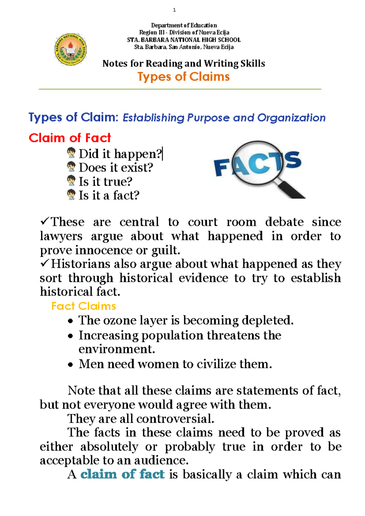 Reading and Writing Skills: Types of Claims Module - Studocu