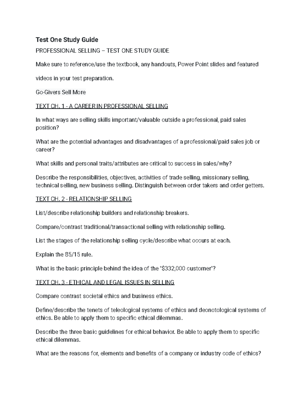 Professional Selling Test One Study Guide: Ethics, Relationships ...