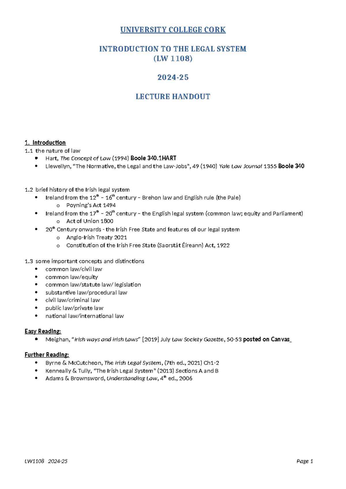 Lecture Handout 2024-25 - UNIVERSITY COLLEGE CORK INTRODUCTION TO THE ...