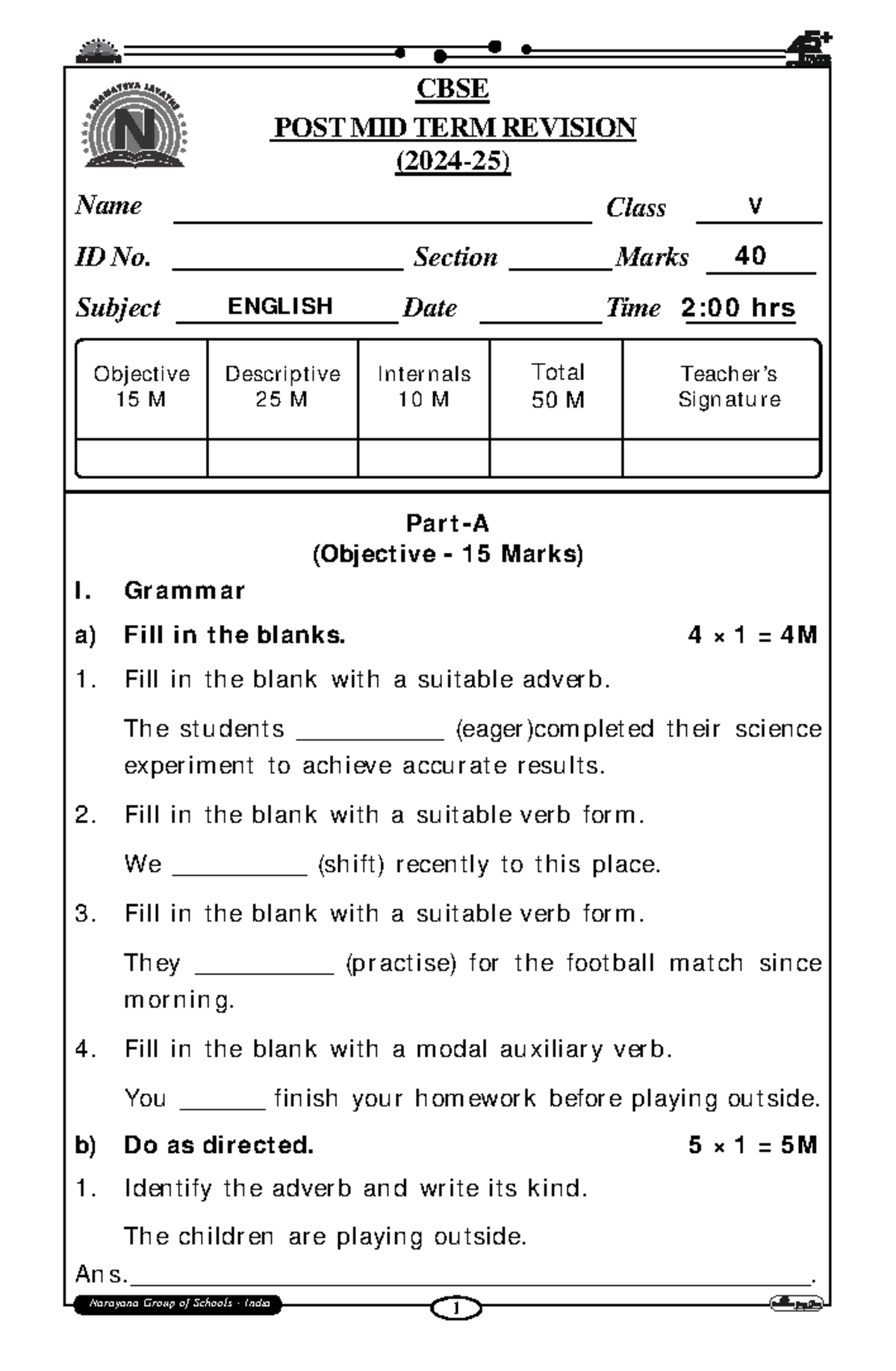 English Grade-5 English Post Mid Term Revision QP Assignment - Date ...