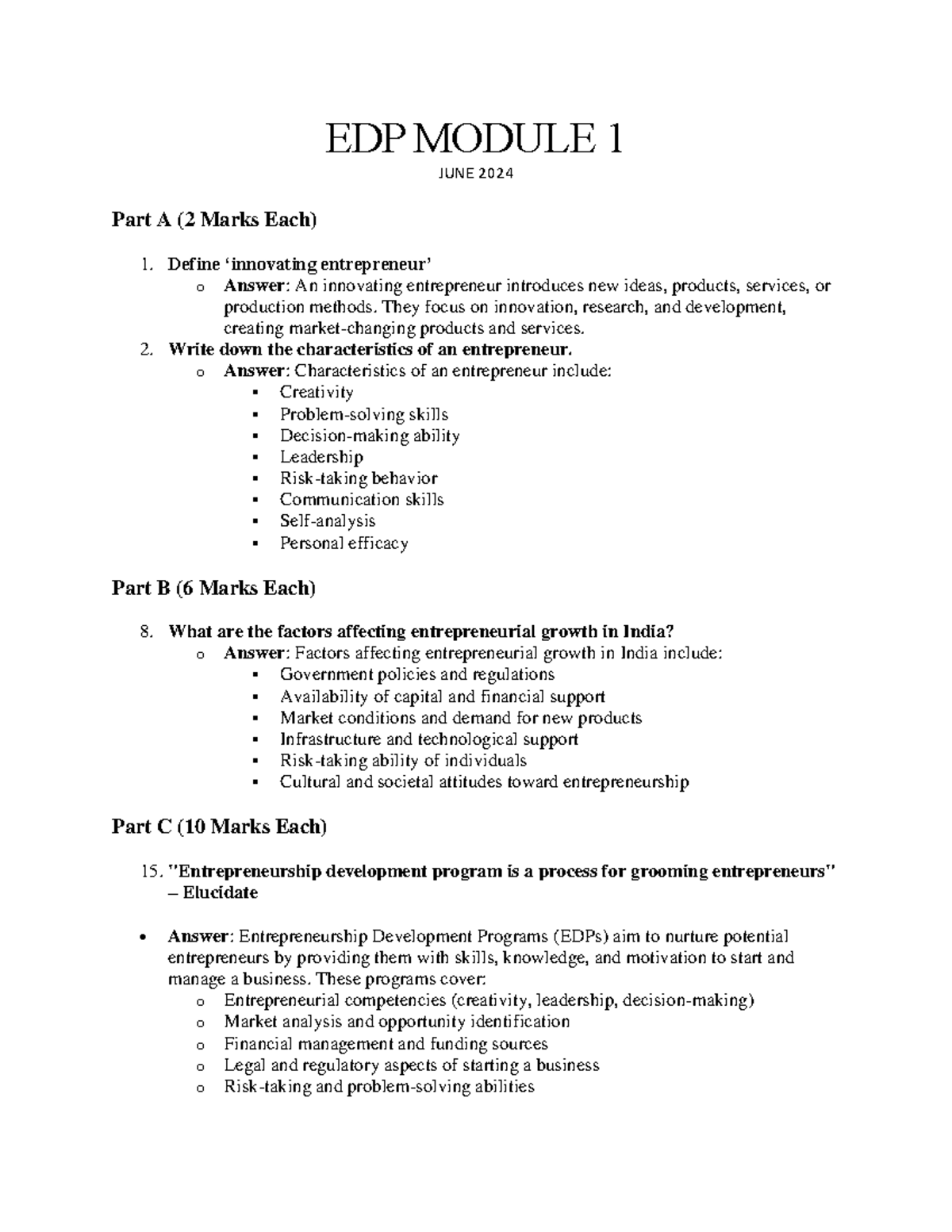 EDP Module 1 - EDP MODULE 1 JUNE 2024 Part A (2 Marks Each) 1. Define ...