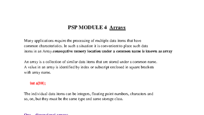 PSP MODULE 4: Comprehensive Guide to Arrays in C Programming - Studocu