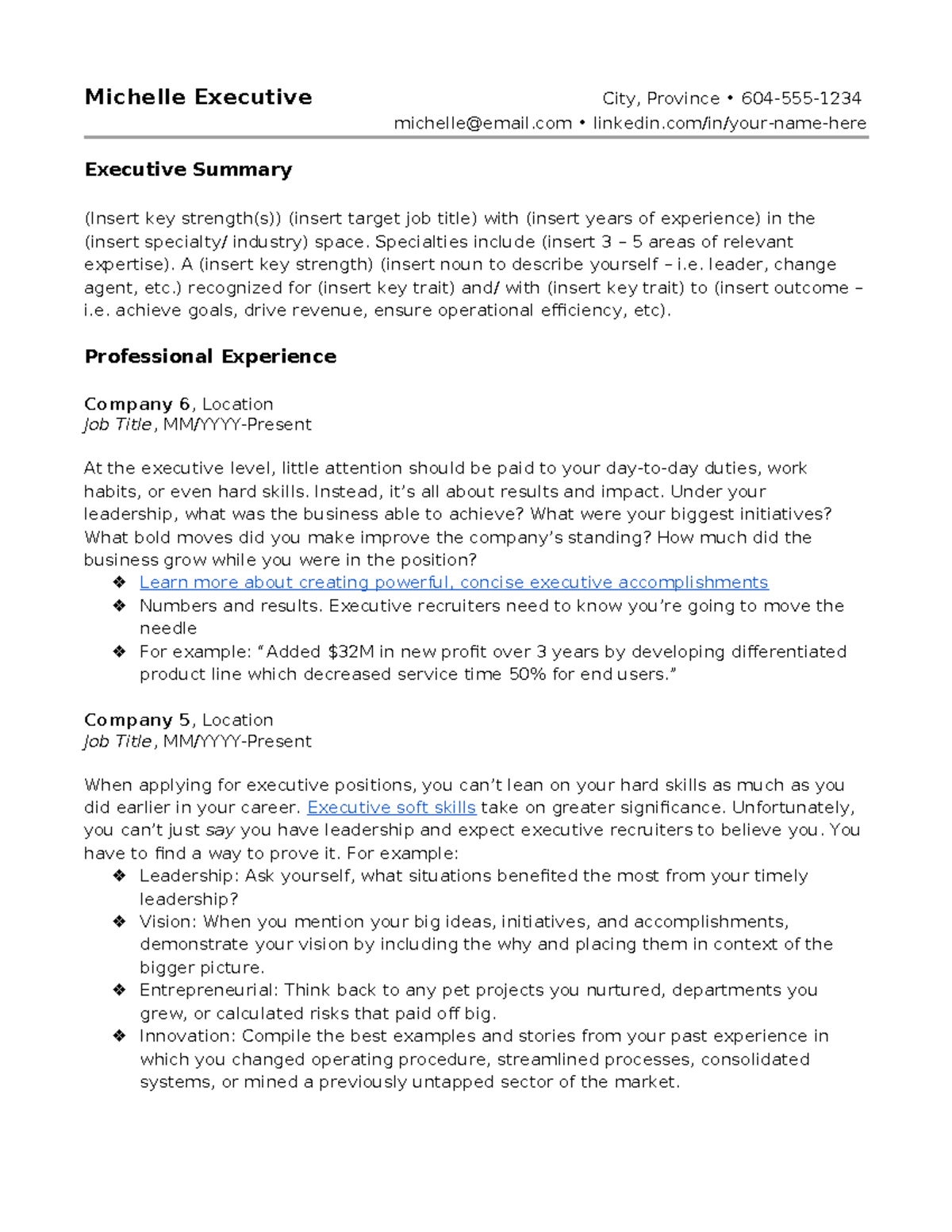 Chronological Executive Resume Template - Michelle Executive City 