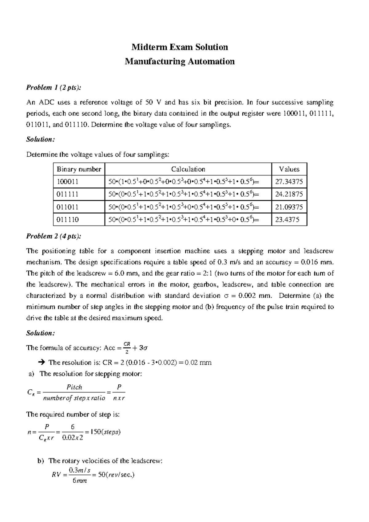 Manufacturing Automation Midterm Exam Q&A Solutions - Studocu