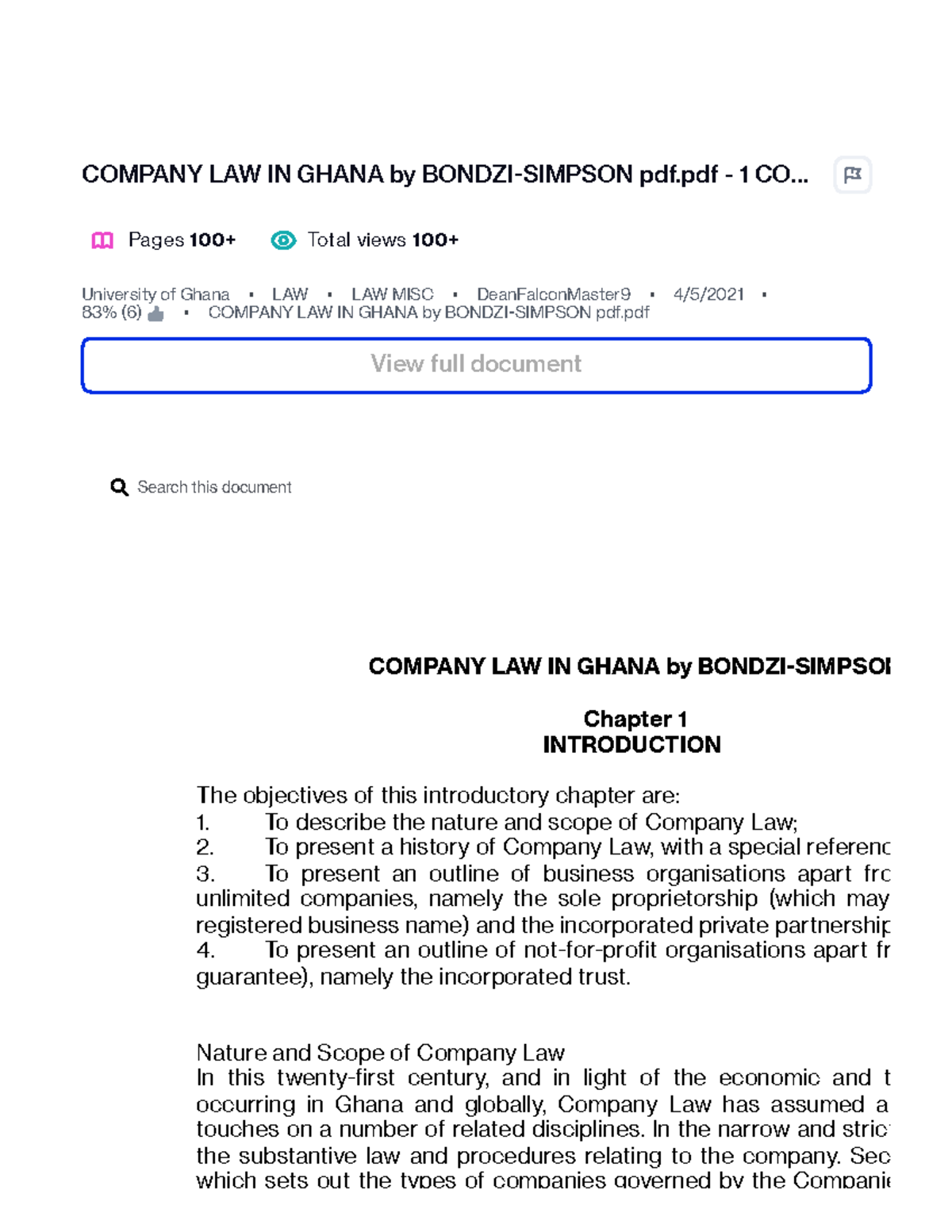 Company Law in Ghana (LAW 101): Chapter 1 Introduction Overview - Studocu