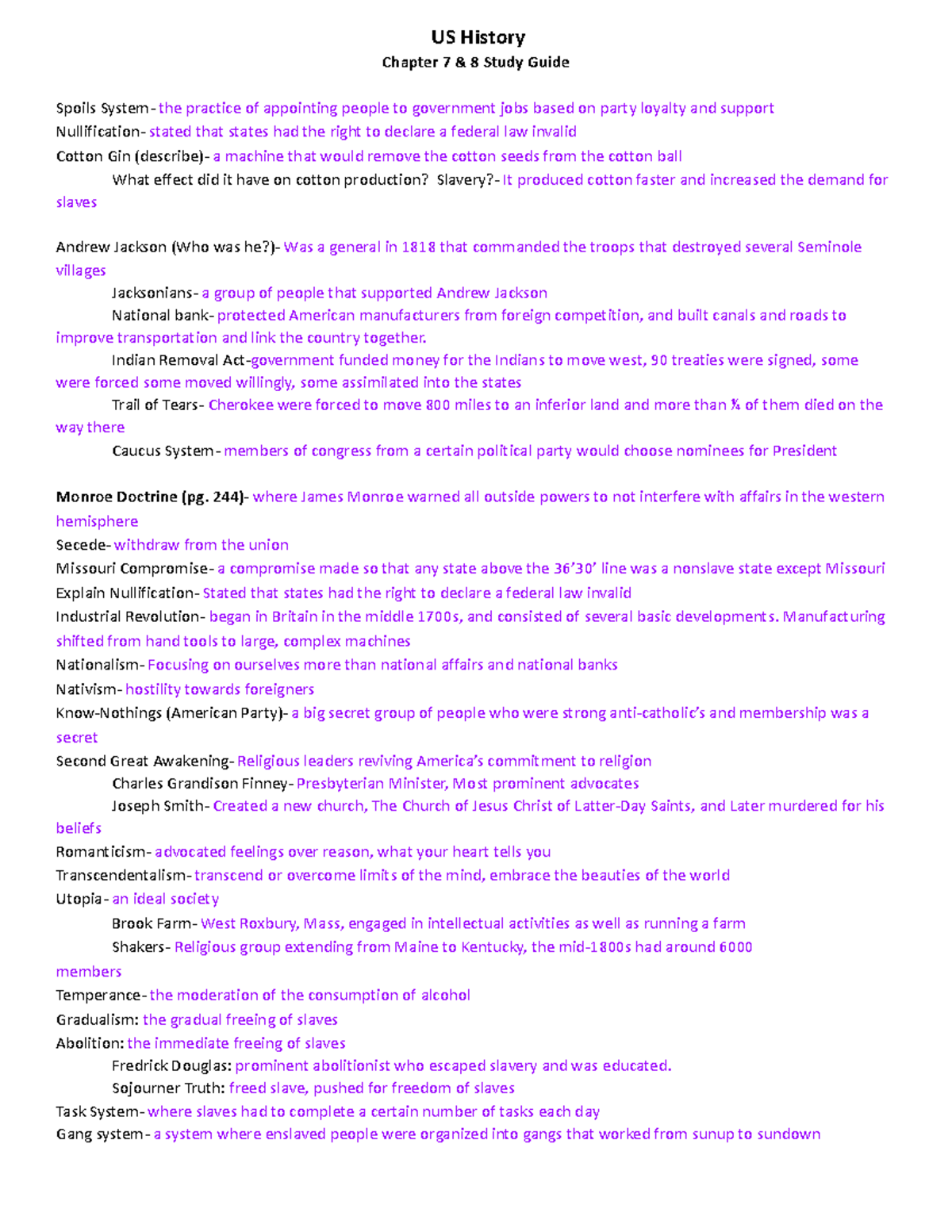 US History Chapter 7-8 Study Guide: Key Concepts and Terms - Studocu