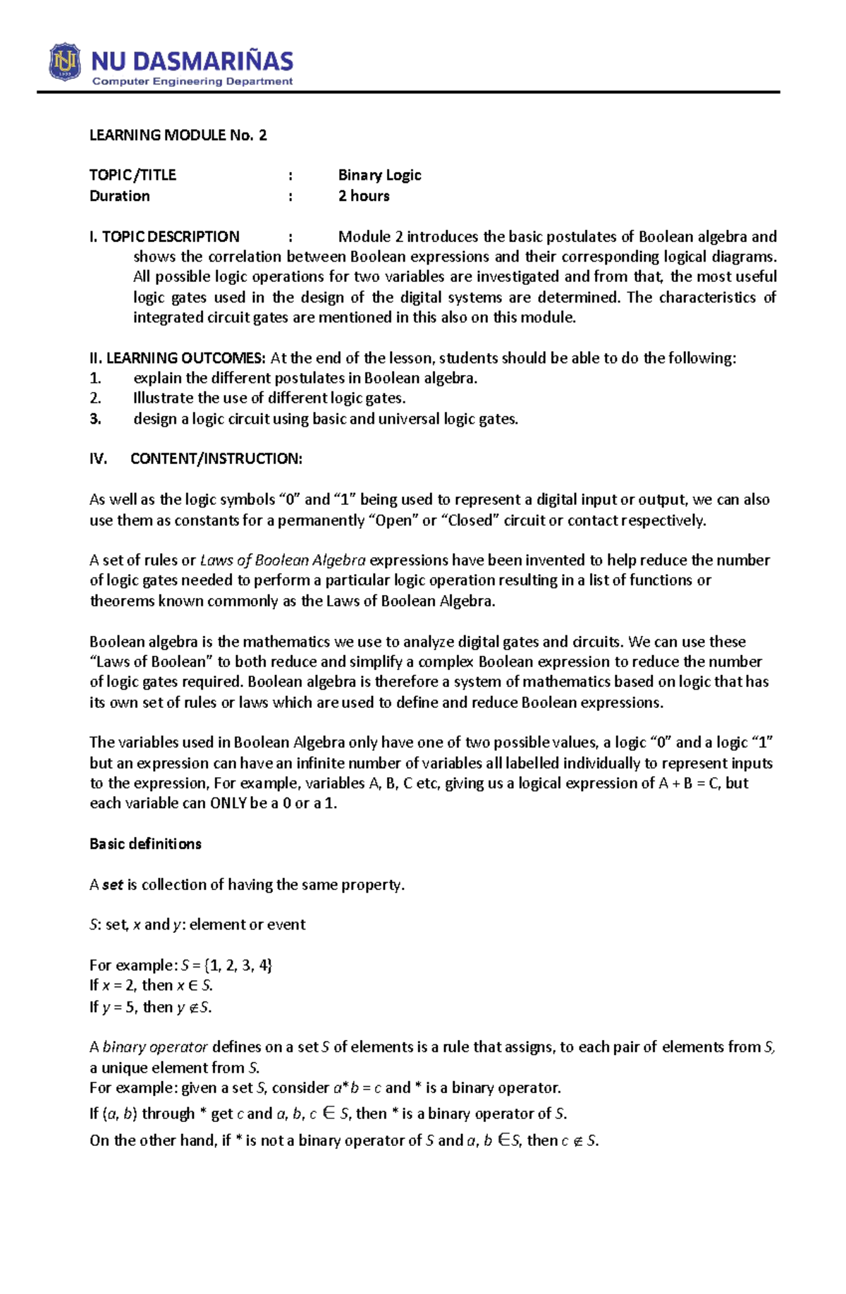 Boolean Algebra Concepts and Logic Gates - Learning Module No. 2 ...