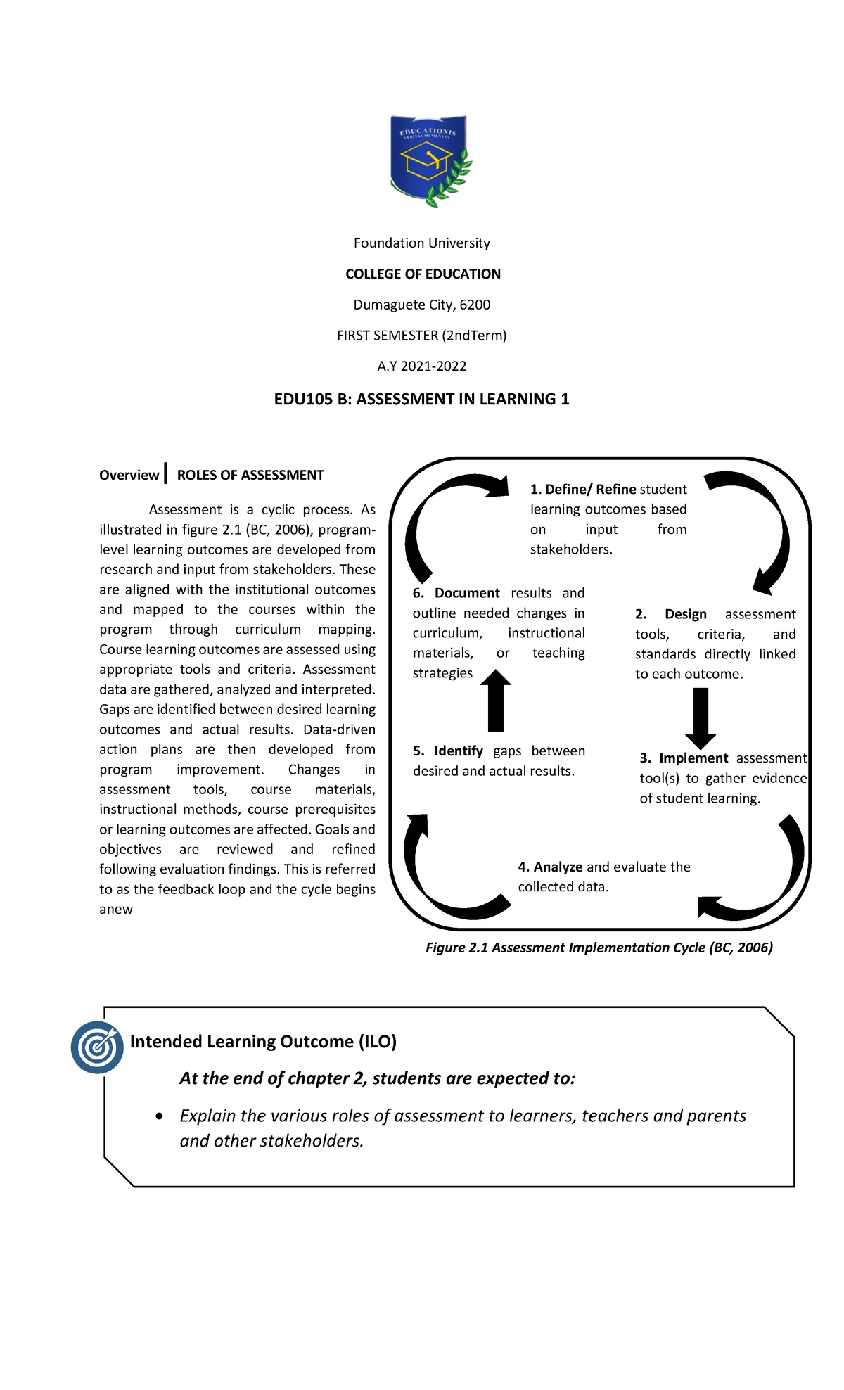 EDU105 B: Roles of Assessment in Learning Outcomes and Evaluation - Studocu