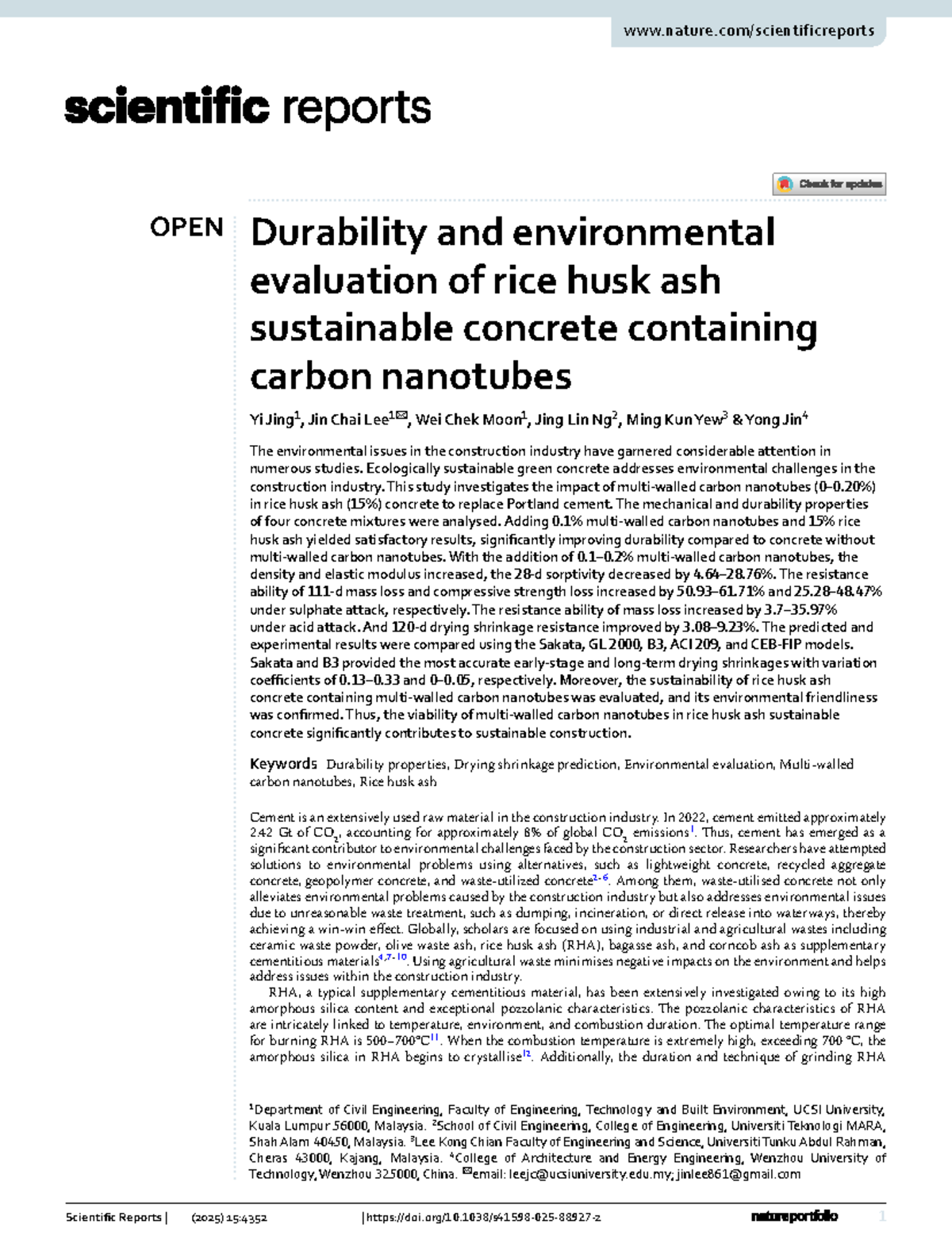 OPEN Durability and Environmental Evaluation of RHA Concrete with ...