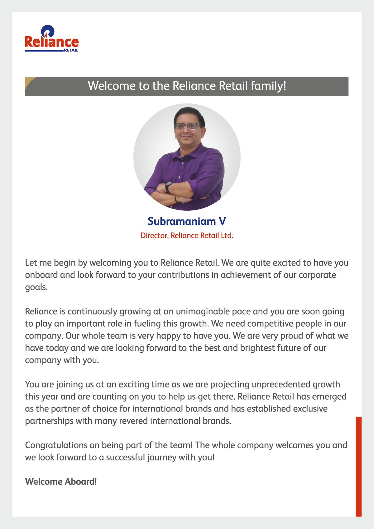 Welcome Note: Joining the Reliance Retail Family! - Studocu
