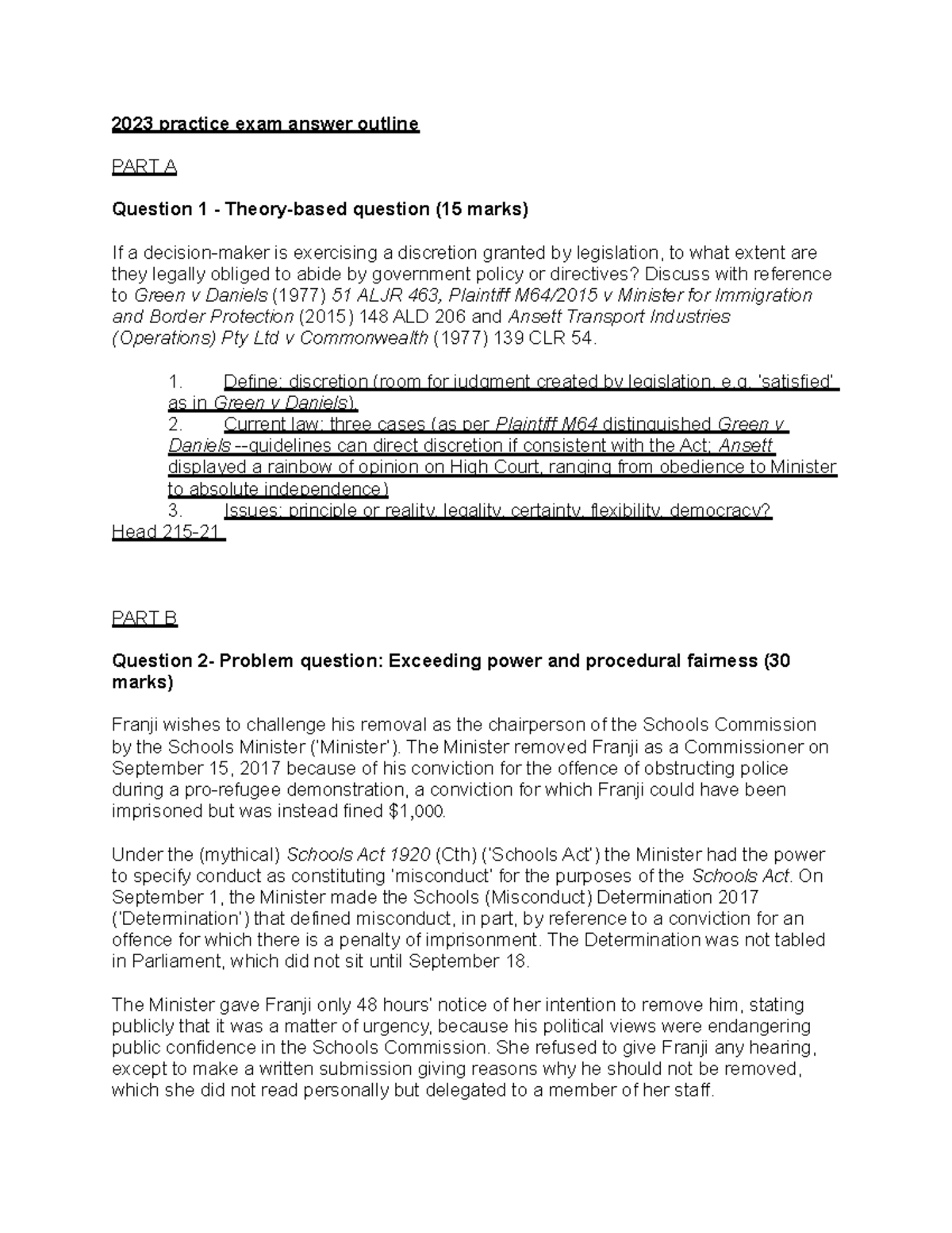 2023 Law Exam Practice Questions Analysis and Answers Outline - Studocu