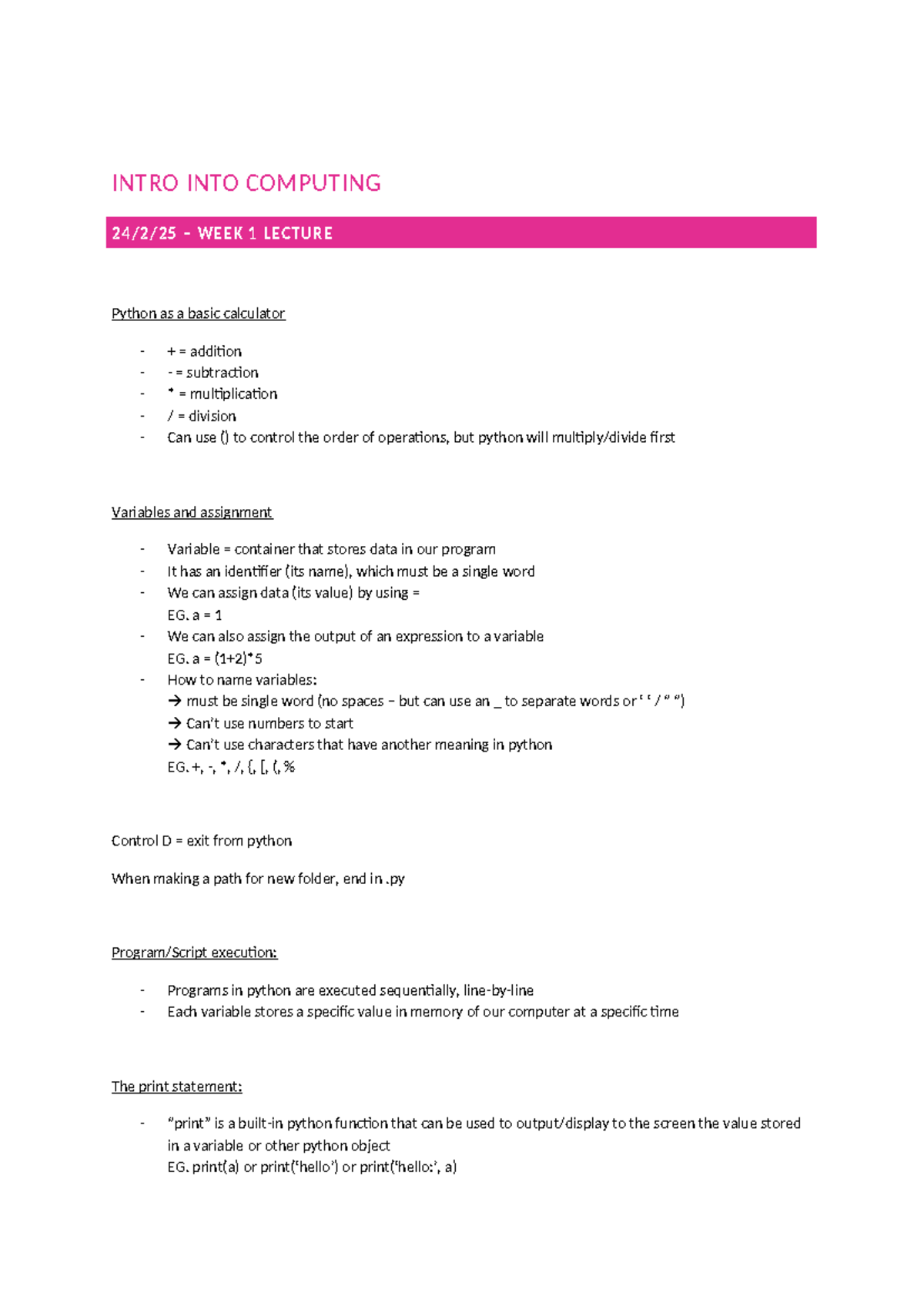 COMP 101: Intro to Computing - Week 1 Lecture Notes on Python Basics ...