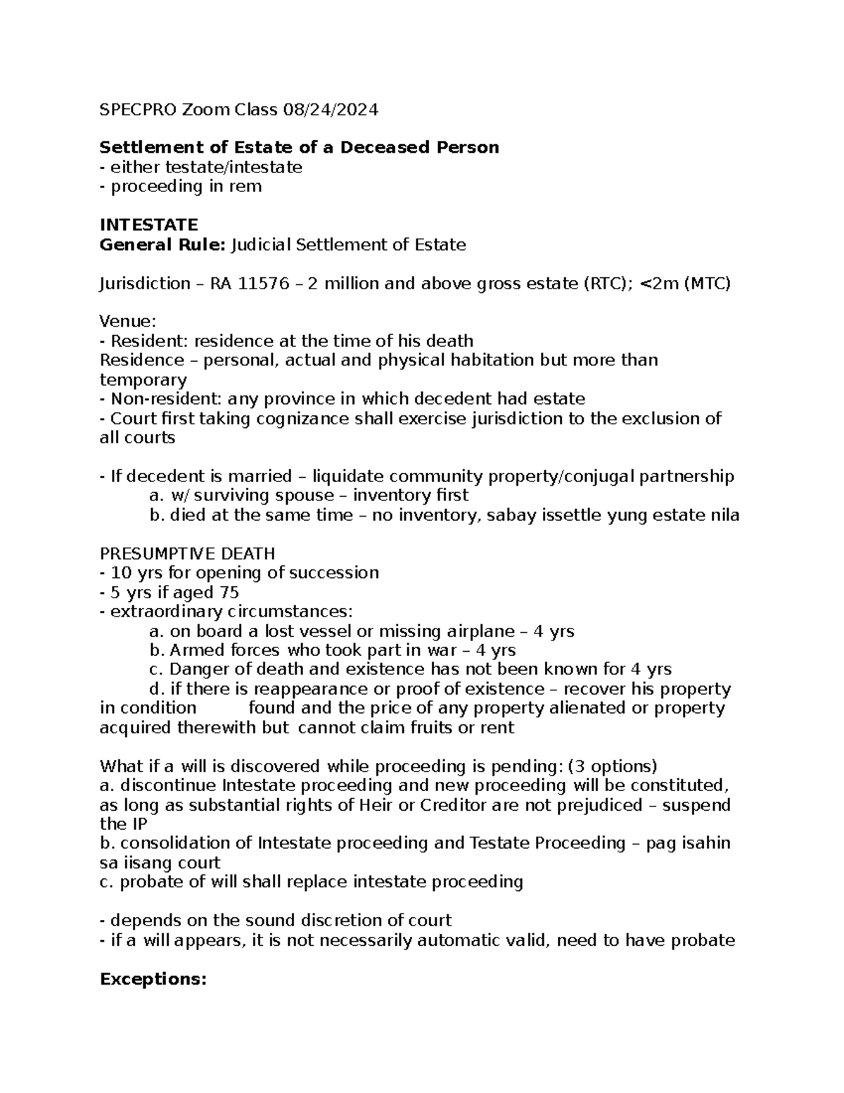 Specpro Zoom Class Notes - SPECPRO Zoom Class 08/24/ Settlement of ...