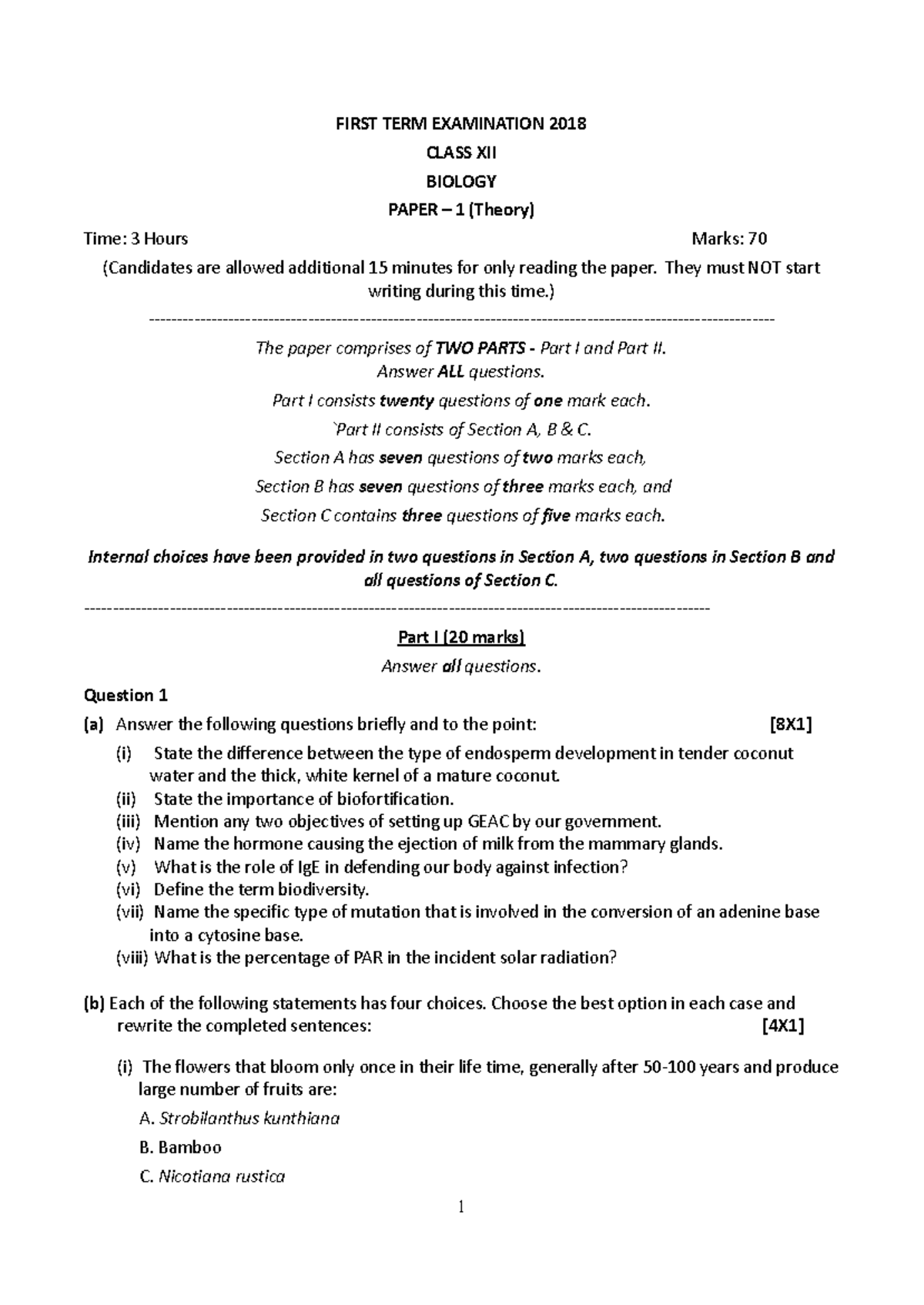 Class 12 2018 Theory Bio Term 1 - FIRST TERM EXAMINATION 2018 CLASS XII ...