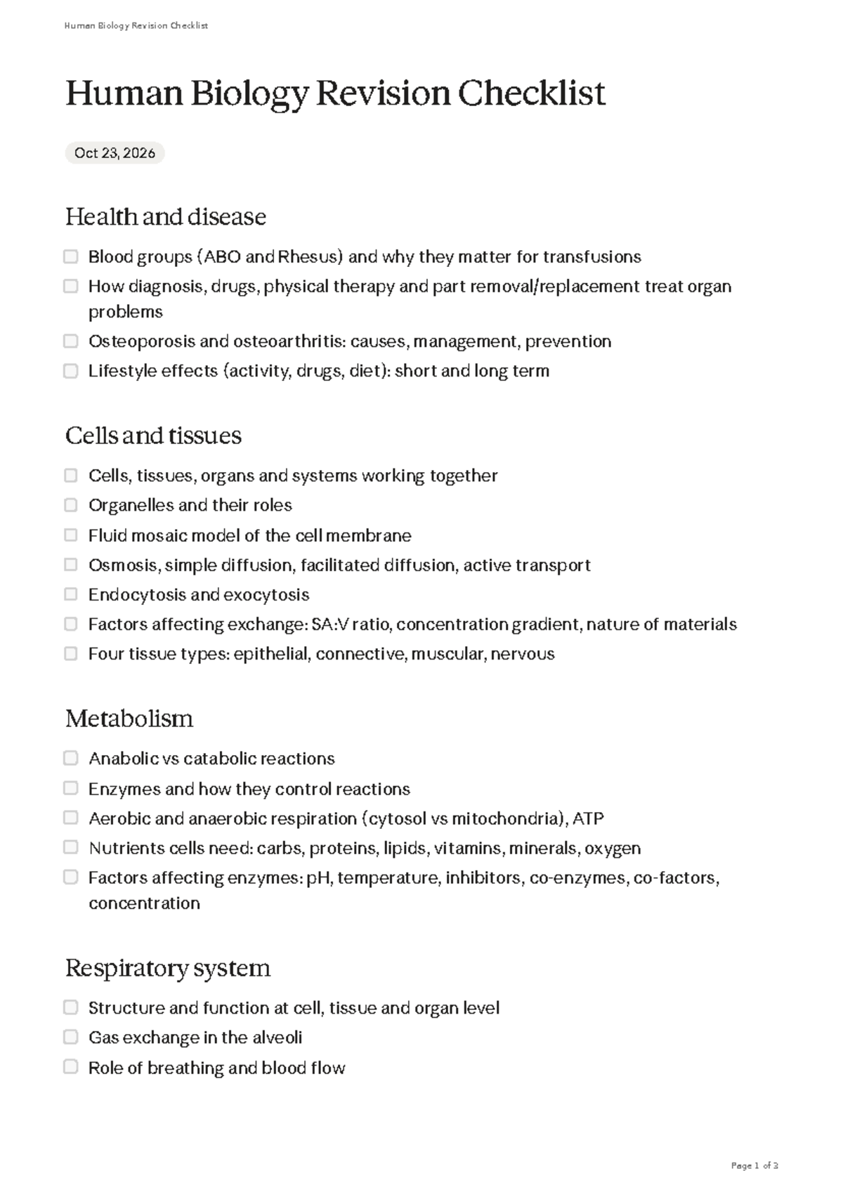 Human Biology Revision Checklist (HBIO 101) - Key Concepts & Topics ...