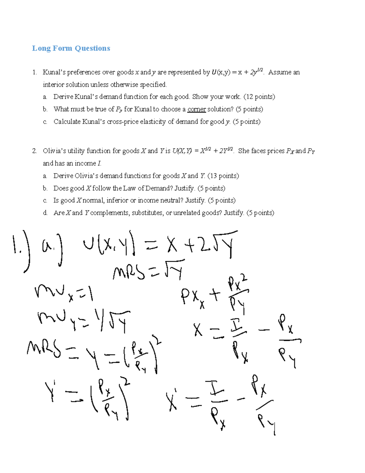 Long Form Questions on Demand Functions and Utility (ECO 101) - Studocu