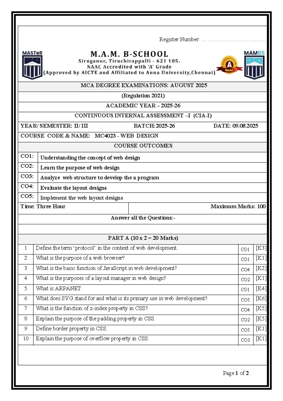 MCA MC4023 Web Design Question Bank for Continuous Assessment - Studocu