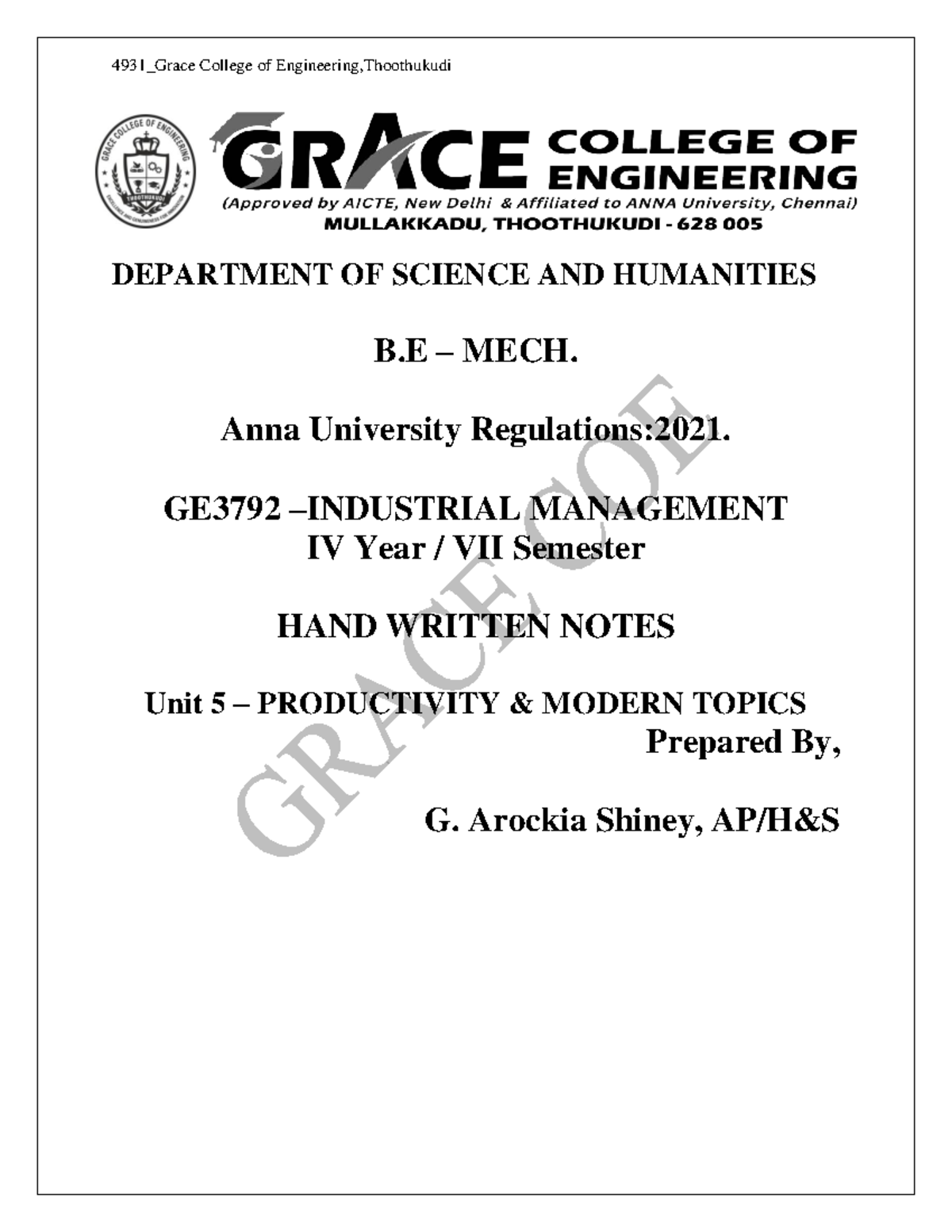 4931_GE3792 MECH IV Year Unit 5 Productivity Lecture Notes - Studocu