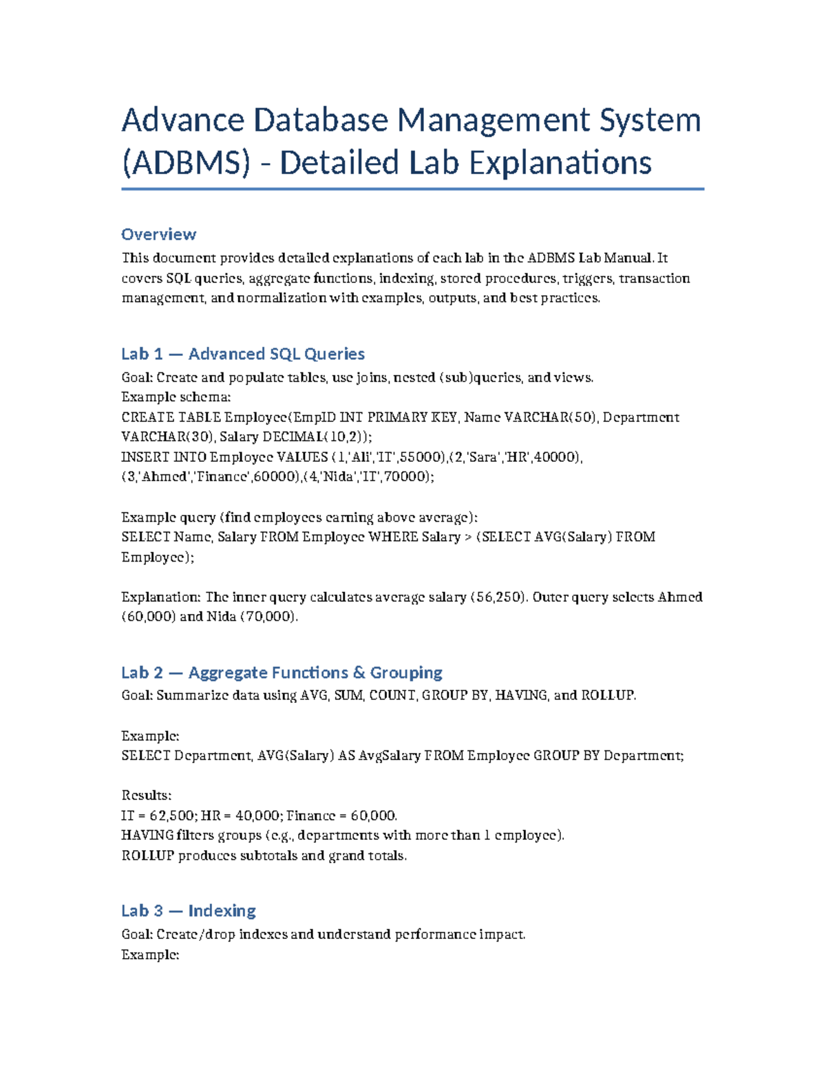 ADBMS Lab Manual: Detailed Explanations of Each Lab - Studocu