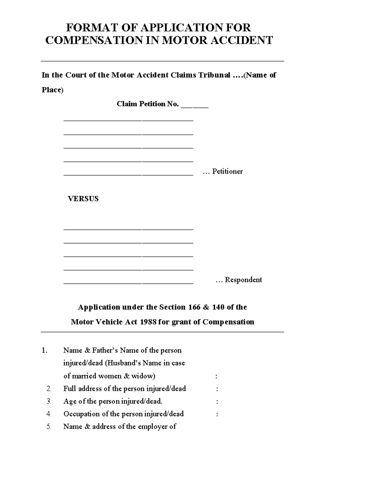 A2 Application Form Section 140 Section 166 - FORMAT OF APPLICATION FOR ...