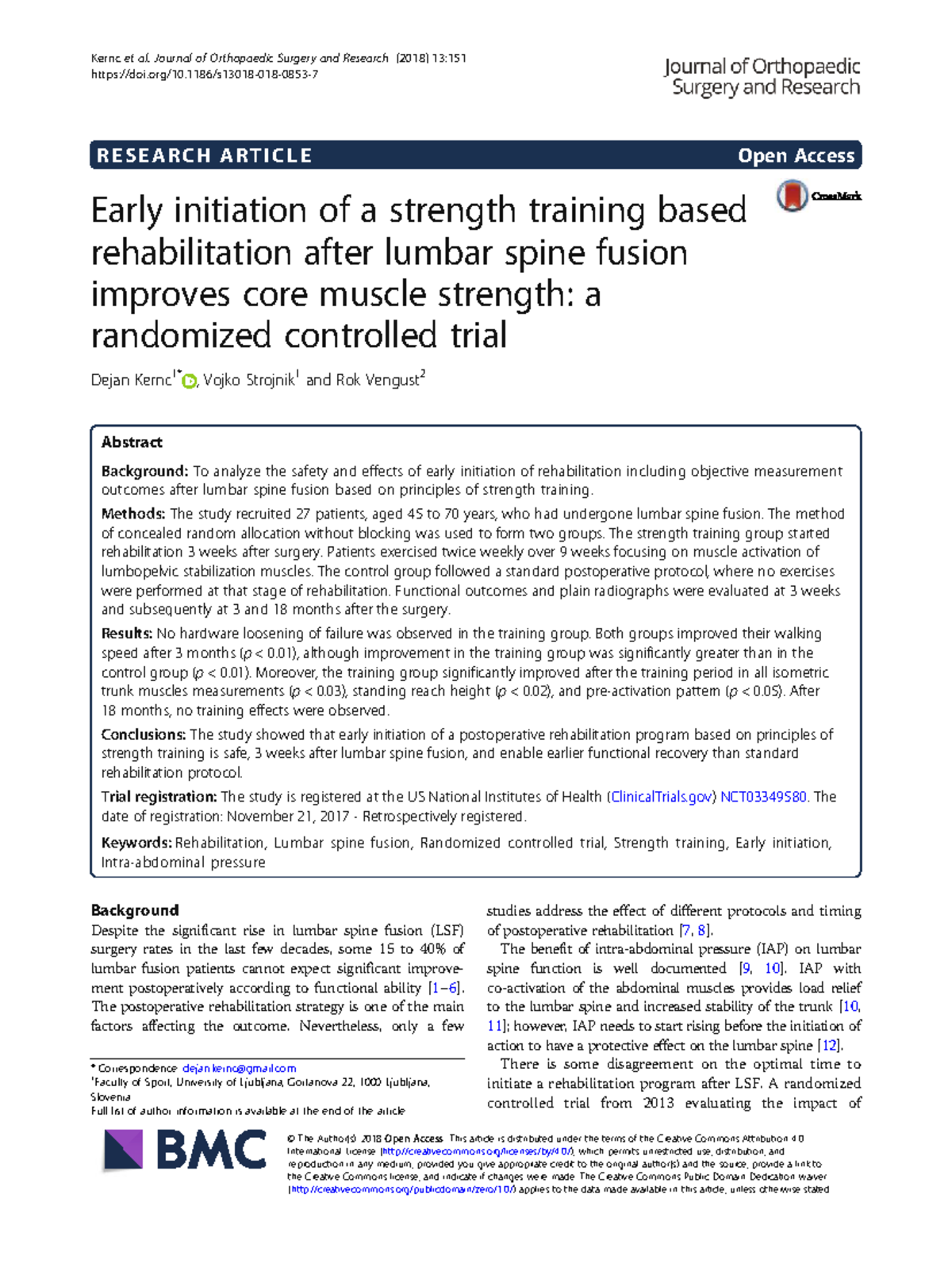 Early Strength Training Rehabilitation Post Lumbar Fusion: A RCT (13018 ...