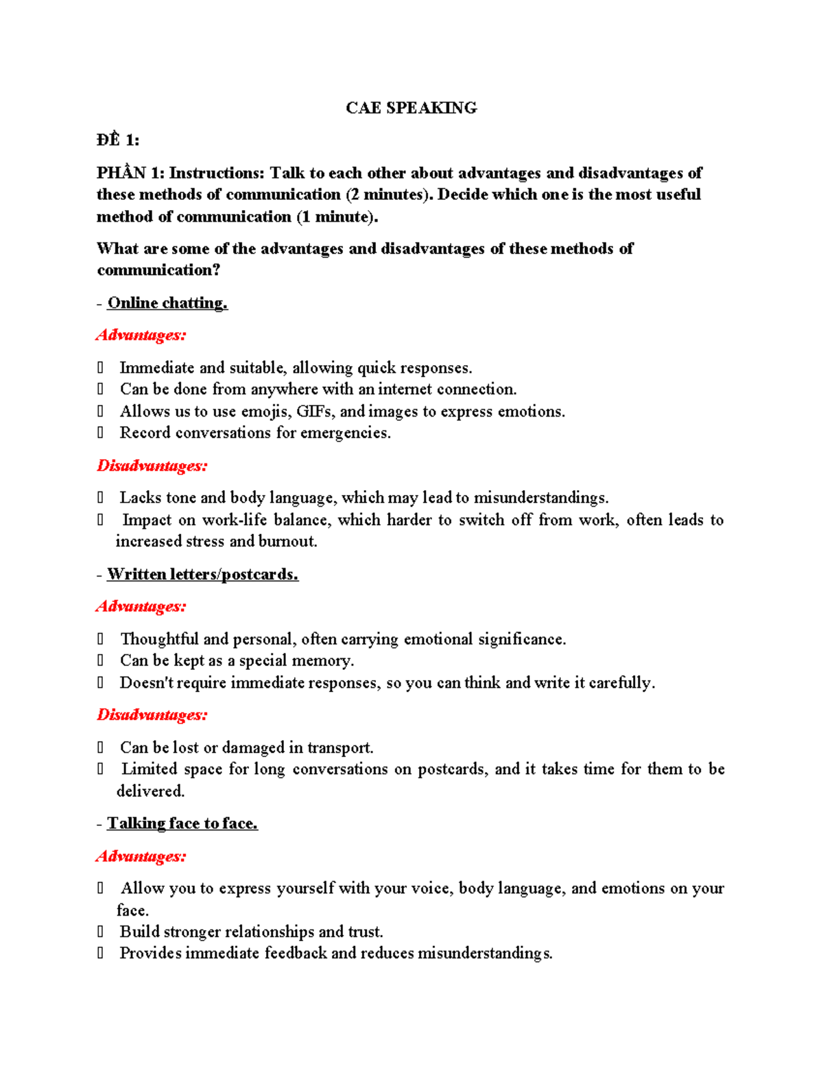 CAE Speaking - Advantages and Disadvantages of Communication Methods ...