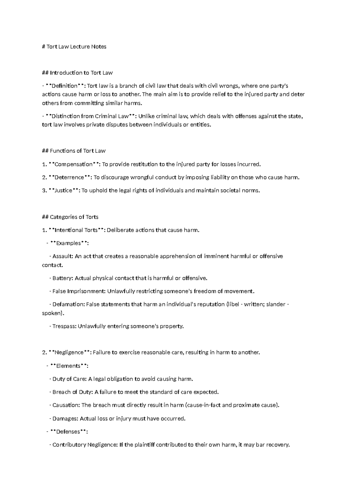 Tort Law Lecture Notes - Tort Law Lecture Notes Introduction to Tort ...