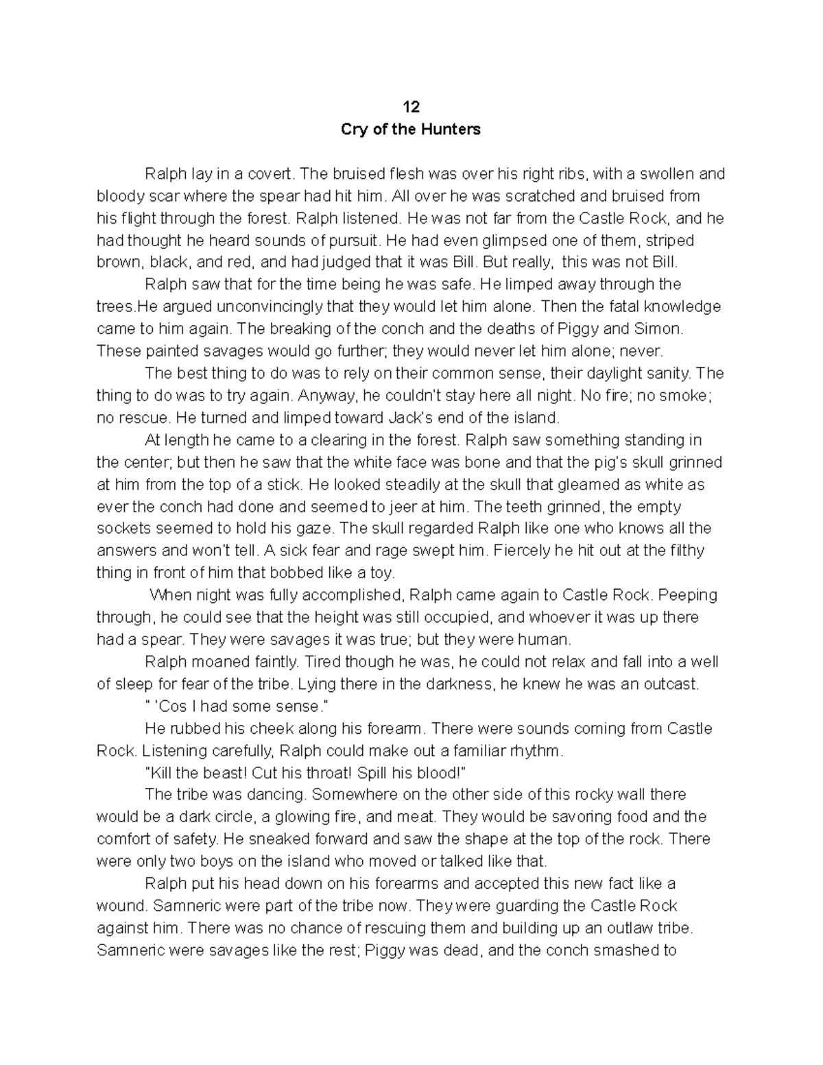 Lord of the Flies Chapter 12 Summary & Analysis (ENG101) - Studocu