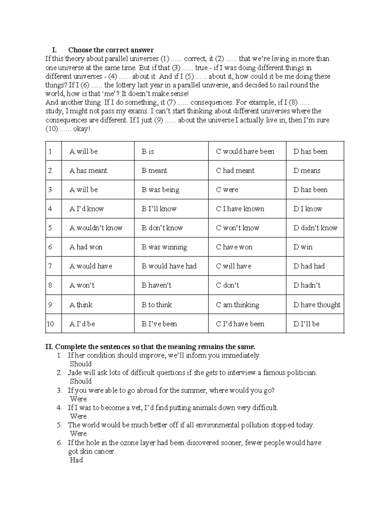 Conditional Sentences Practice - English 101 - Studocu
