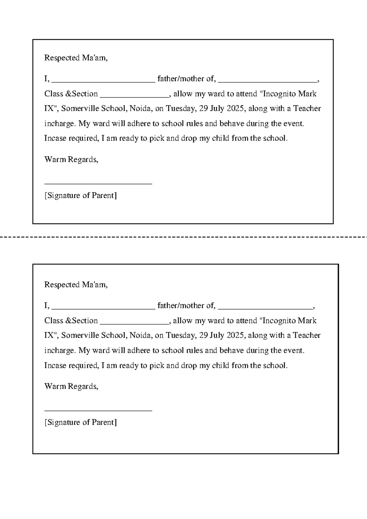 Parent Consent for Inter-School Event at Mark Somerville School - Studocu