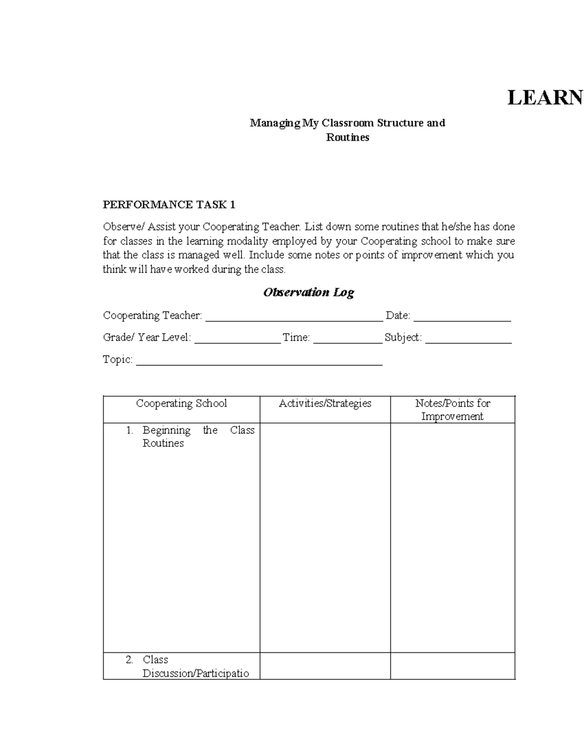 Performance Task 3: Effective Classroom Routines & Management - Studocu