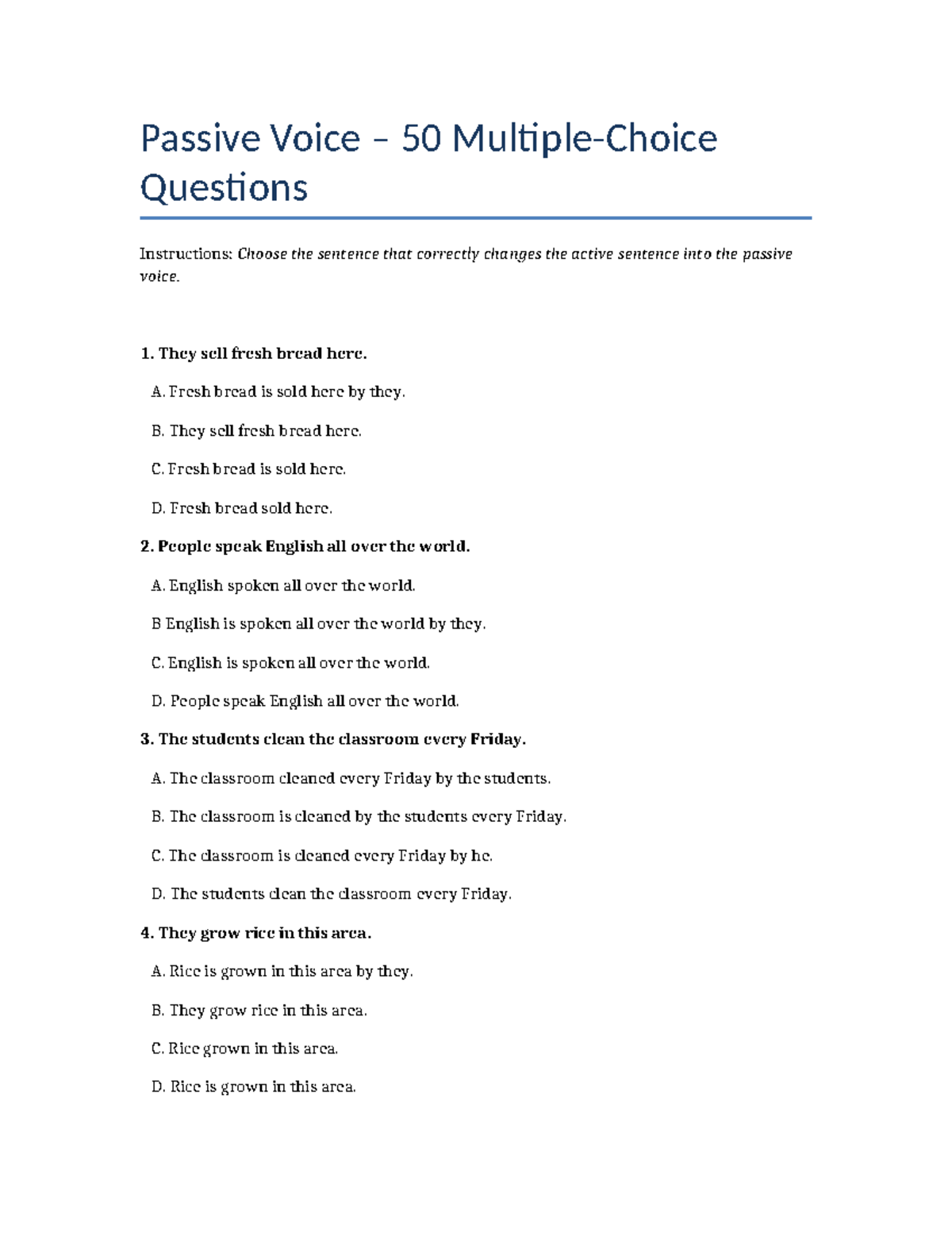 Passive Voice Practice Questions for Grade 9 - Studocu