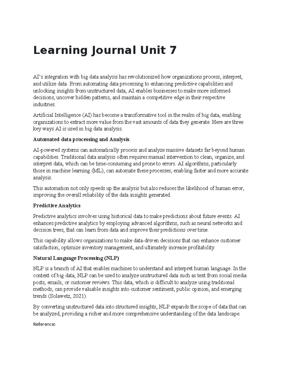 Learning Journal Unit 7 - From automating data processing to enhancing ...
