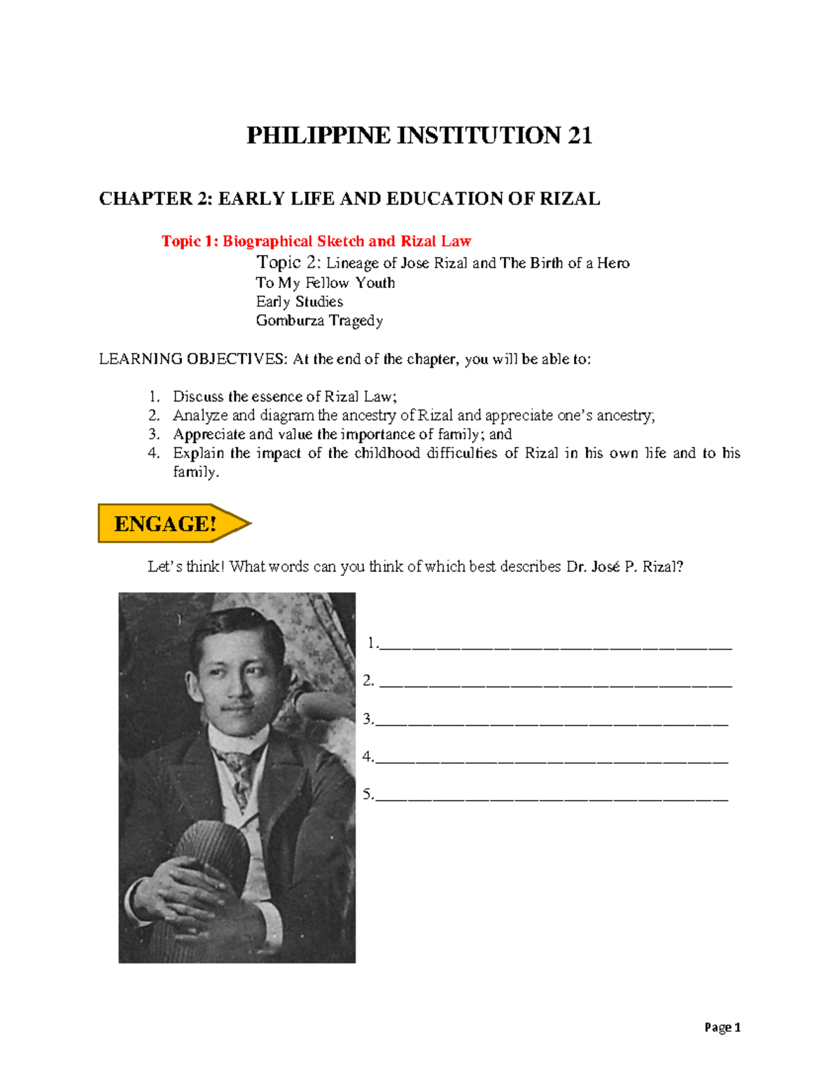PI 21 Chapter 2: Early Life, Education, and Legacy of Jose Rizal - Studocu