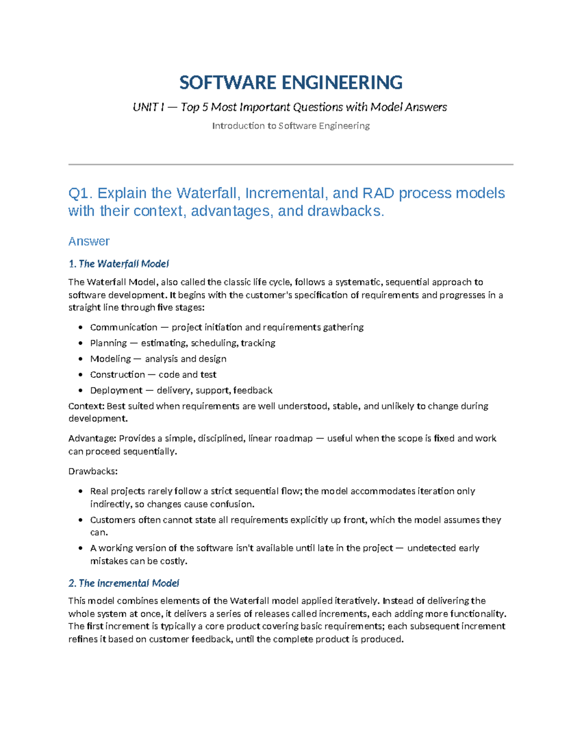 SE101 Unit I: Top 5 Key Questions & Model Answers in Software ...