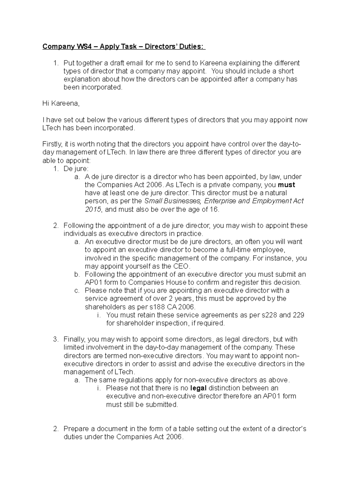 Company WS4 - Apply Task - Understanding Directors' Duties - Studocu