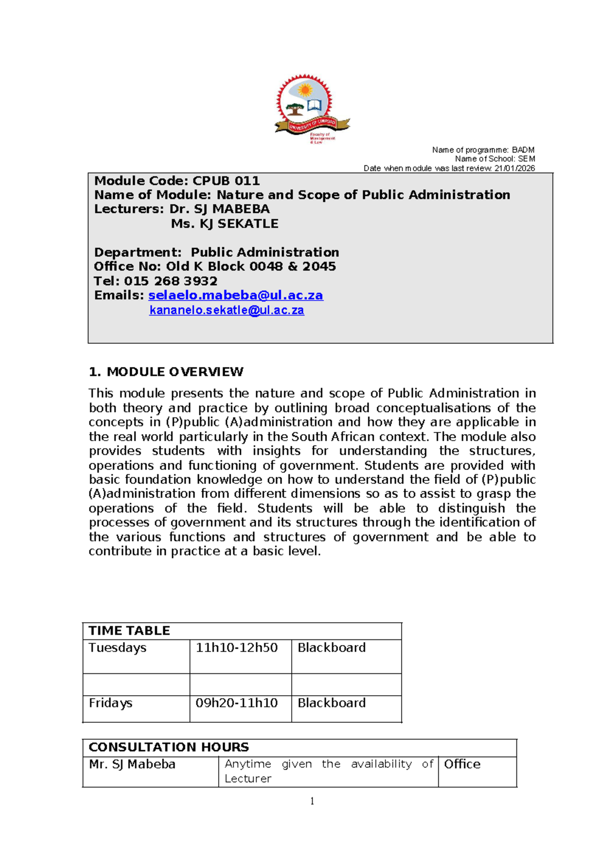 CPUB 011 Course Outline: Nature & Scope of Public Administration - Studocu