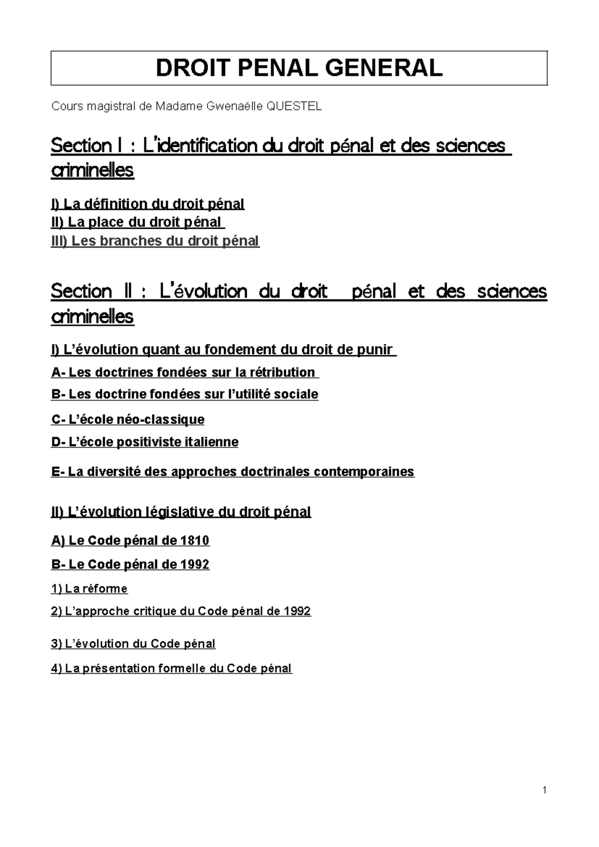 DROIT PENAL GENERAL - Plan Intro et Partie 1 des Cours de Mme QUESTEL ...