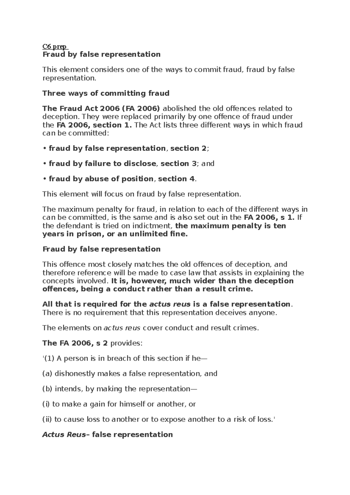 Fraud by False Representation under FA 2006 - Crim Law Notes - Studocu