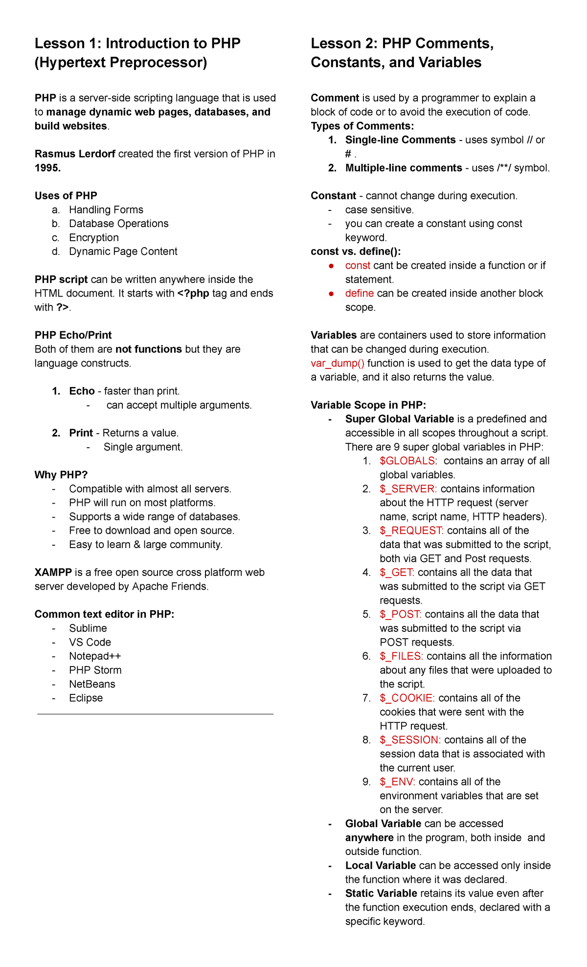 WBDV212 Prelim Reviewer: Intro to PHP, Comments, Variables & Operators ...
